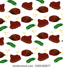 Seamless pattern background with meat. Sketch style steak. Hand drawn ribeye steak, pork ham. Roast beef on a cutting board. Bone in ribeye steak. Roasts. Hand drawn beef steak medallions
