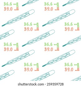 Seamless pattern for background medical subjects, thermometer, temperature, hand-drawn vector illustration