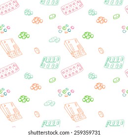 Seamless pattern for background medical subjects tablets, pills, a variety of drugs, hand-drawn vector illustration