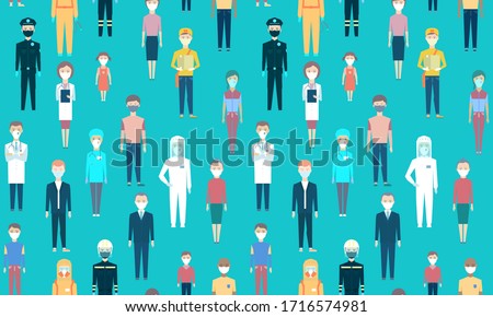 Seamless pattern. Background with medical workers, law enforcement, rescuers, pharmacists, salesmen, couriers, people, kids, old man, woman. The frontline to fight the disease Coronavirus, Covid-19