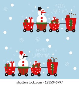 Seamless pattern background Merry Christmas concept. Cute cartoon style of Snowman and gift boxes in Christmas snow scene. 