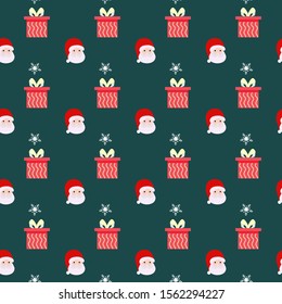 Seamless Pattern background: Merry Christmas and Happy new year concept. There are color gift boxes, santa and snow on green background for your design