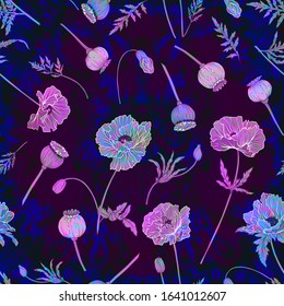 Seamless pattern, background with miraculous, hallucinogenic plants in botanical style in neon colors. Vector illustration