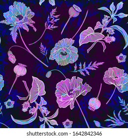 Patrón inoxidable, fondo con plantas milagrosas y alucinógenas en estilo botánico en colores de neón. Ilustración del vector