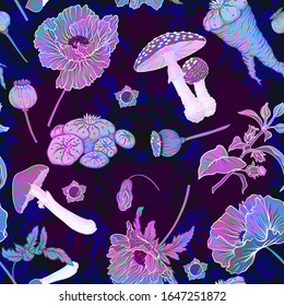 Seamless pattern, background with miraculous, hallucinogenic plants in botanical style in neon colors. Vector illustration