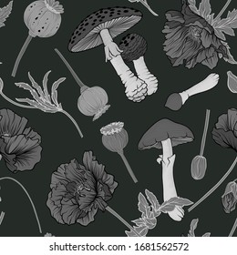 Seamless pattern, background with miraculous, hallucinogenic plants in botanical style in monochrome gray color. Vector illustration