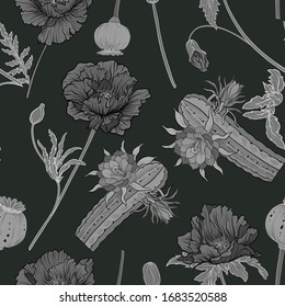Seamless pattern, background with miraculous, hallucinogenic plants in botanical style in monochrome gray color. Vector illustration