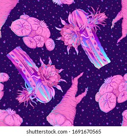 Seamless pattern, background with miraculous, hallucinogenic plants in botanical style in neon colors. Vector illustration