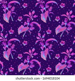 Seamless pattern, background with miraculous, hallucinogenic plants in botanical style in neon colors. Vector illustration