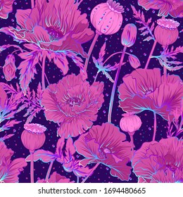 Patrón inoxidable, fondo con plantas milagrosas y alucinógenas en estilo botánico en colores de neón. Ilustración del vector