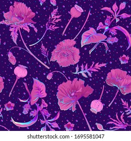 Patrón inoxidable, fondo con plantas milagrosas y alucinógenas en estilo botánico en colores de neón. Ilustración del vector
