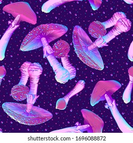 Seamless pattern, background with miraculous, hallucinogenic plants in botanical style in neon colors. Vector illustration
