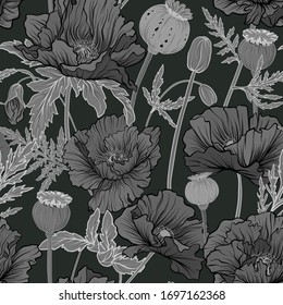 Seamless pattern, background with miraculous, hallucinogenic plants in botanical style in monochrome gray color. Vector illustration