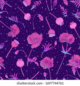 Patrón inoxidable, fondo con plantas milagrosas y alucinógenas en estilo botánico en colores de neón. Ilustración del vector