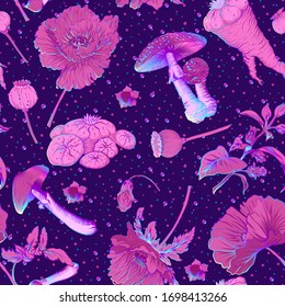 Seamless pattern, background with miraculous, hallucinogenic plants in botanical style in neon colors. Vector illustration