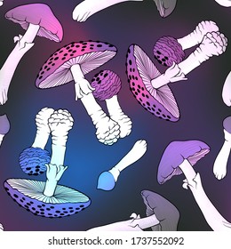 Seamless pattern, background with miraculous, hallucinogenic plants in botanical style in neon colors. Vector illustration