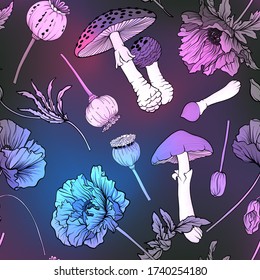 Patrón sin foco, fondo con plantas milagrosas y alucinógenas de estilo botánico en colores neones. Ilustración del vector