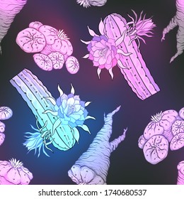 Patrón sin foco, fondo con plantas milagrosas y alucinógenas de estilo botánico en colores neones. Ilustración del vector