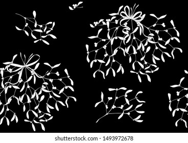Seamless pattern, background.  Mistletoe and ribbon. Black and white graphics. Vector illustration.