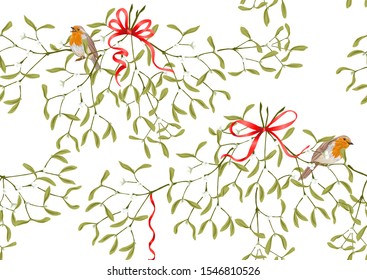 Seamless pattern, background. Mistletoe, Robin bird and ribbon. Colored vector illustration