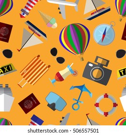 Seamless pattern background with modern travel symbols flat icons on orange backdrop vector illustration