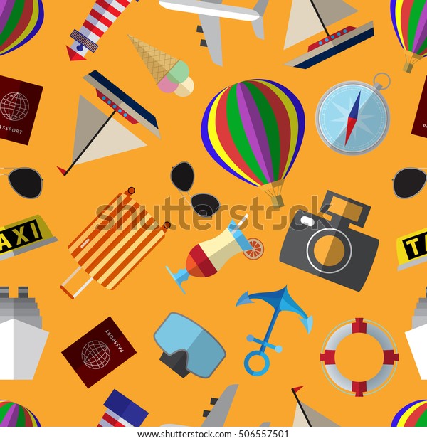 Seamless pattern background\
with modern travel symbols flat icons on orange backdrop vector\
illustration
