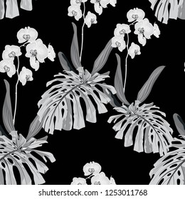 Seamless pattern, background with monster leaves and orchid flowers on black background. Hand drawn monochrome vector illustration without transparent and gradients.