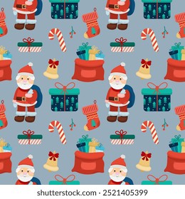 Seamless pattern or background New Year and Christmas celebration, Santa Claus, gifts, candy, gift bag on gray background
