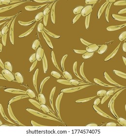 Seamless pattern Background from olive branches. Decorate
  Middle Ages menu, packing olive oil, fabrics, textiles, ceramics, printing, wallpaper. Vector illustration.