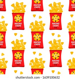 Seamless pattern background with open cartoon style packages of tortilla chips, nacho chips.