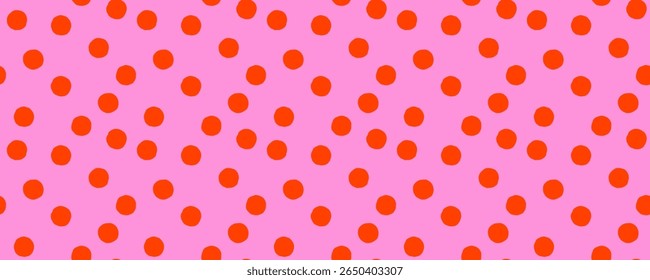 Seamless pattern background with orange dots on pink. Vector confetti polka dot texture, simple and playful abstract print. Perfect for fabric, wrapping paper, wallpaper, branding. Drag to swatches.