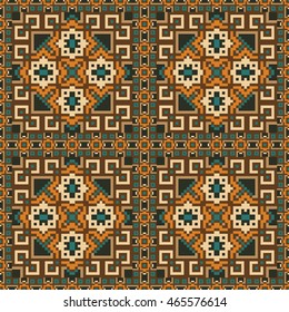 Seamless pattern background in orange, green, brown and yellow colors. Vector illustrations. Use this pattern in the design of carpet, shawl, pillow,, textile, wrapping paper, wallpaper, ceramic tiles