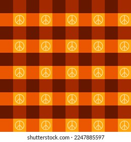 Seamless pattern, background with orange squares, smiling flowers, peace sign in hippie style