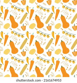 Seamless pattern background of orange and yellow vegetable in doodle art style