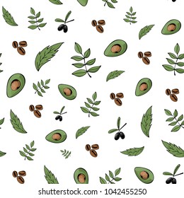 Seamless pattern, background, organic food, natural products, bio-industry. Gently green coffee range. Olives, avocado, coffee. Ingredients for organic cosmetics
