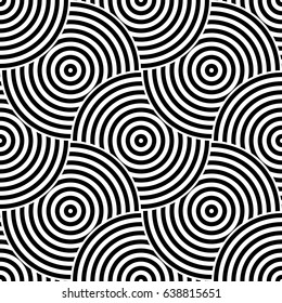 Seamless pattern background ornament of striped concentric circles. Retro mosaic of arches in black and white. Vector design element.
