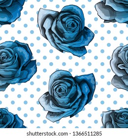Seamless pattern, background with outlined blue gradient roses, on white background with blue polka dots. Hand drawn colorful vector illustration for cute girl dress textile cloth.