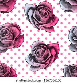 Seamless pattern, background with outlined pink gradient roses, isolated on white background with pink polka dots. Hand drawn colorful vector illustration for cute girl dress textile cloth.