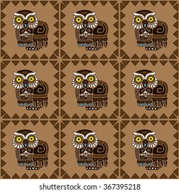 Seamless pattern background with owls in hand-drawn ethnic style. Vector illustration.