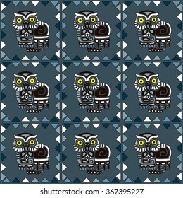 Seamless pattern background with owls in hand-drawn ethnic style. Vector illustration.