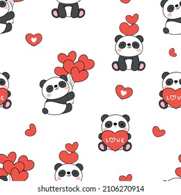 Seamless pattern background panda valentines with heart Love concept Doodle cartoon style