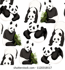 Seamless pattern, background. with pandas and bamboo.  Vector illustration without gradients and transparency.  Isolated on white background.