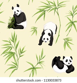 Seamless pattern, background. with pandas and bamboo.  Vector illustration without gradients and transparency.  On soft yellow background.