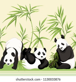 Seamless pattern, background. with pandas and bamboo.  Vector illustration without gradients and transparency.  On soft yellow background.