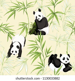 Seamless pattern, background. with pandas and bamboo.  Vector illustration without gradients and transparency.  On soft yellow background. Colored and outline design.