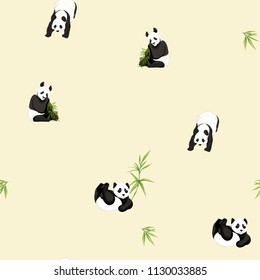 Seamless pattern, background. with pandas and bamboo.  Vector illustration without gradients and transparency.  On soft yellow background.