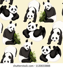 Seamless pattern, background. with pandas and bamboo.  Vector illustration without gradients and transparency.  On soft yellow background.