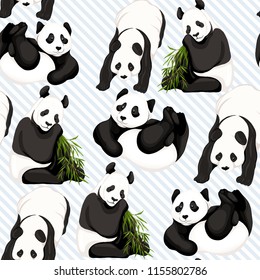 Seamless pattern, background. with pandas and bamboo.  Vector illustration without gradients and transparency. On blue and white diagonal stripes background.
