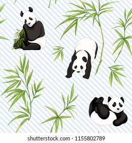 Seamless pattern, background. with pandas and bamboo.  Vector illustration without gradients and transparency. On blue and white diagonal stripes background.