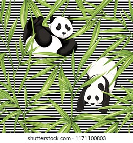  Patrón transparente, fondo. con pandas y bambú.  Ilustración vectorial sin gradientes y transparencia.  Sobre fondo de rayas en blanco y negro
